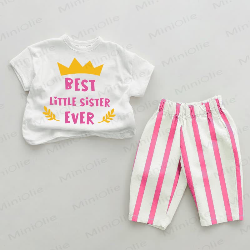 BEST LITTLE SISTER EVER Baby Pink Vertical Striped 2-piece Set - White&Pink - 2-3T - image 1