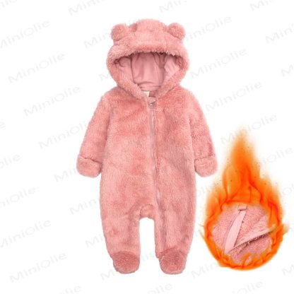 Baby Fleece Solid Color Hooded Romper - Pink - 9-12M - image 6