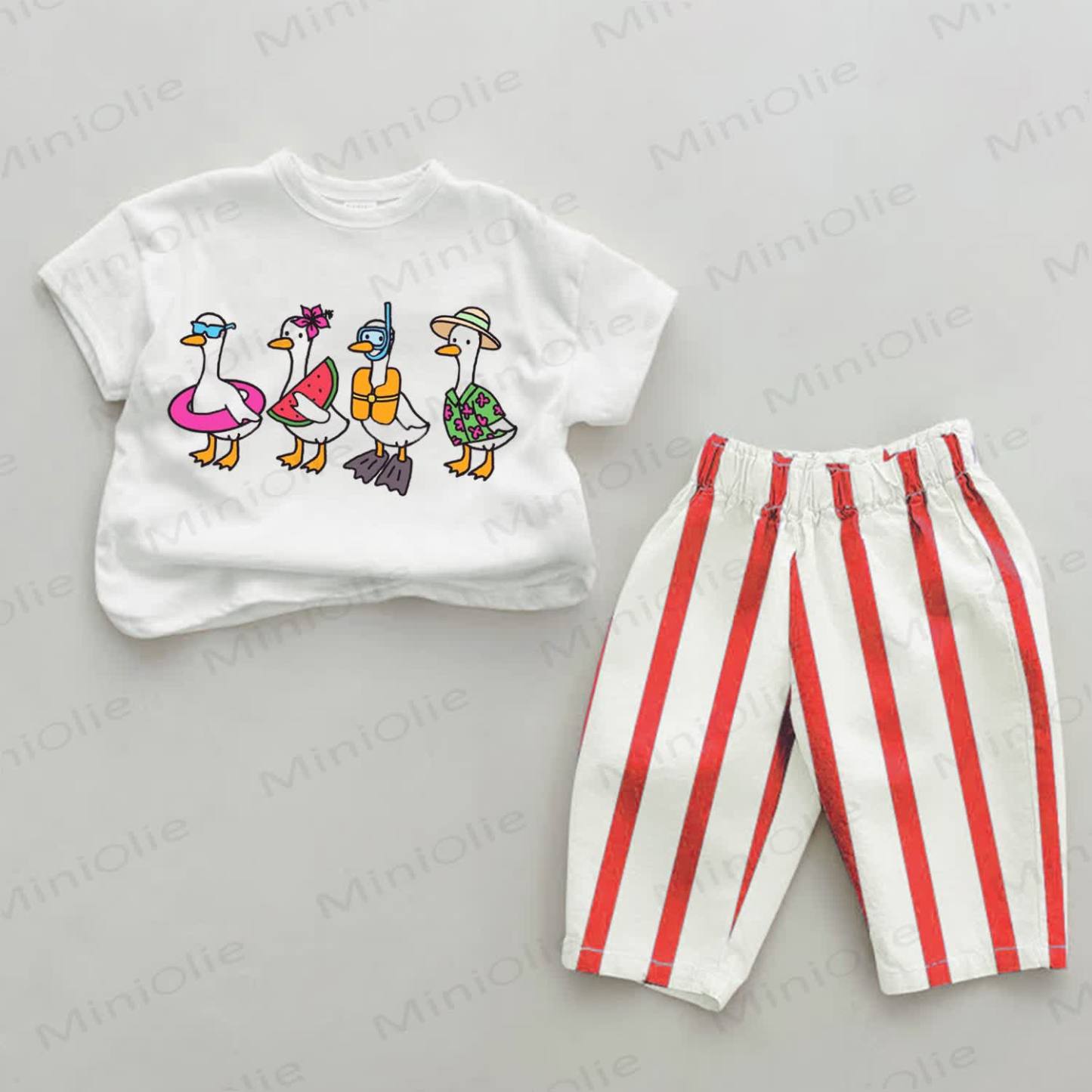 Baby Ducks Print Red Striped 2-piece Set - White&Red - 2-3T - image 1