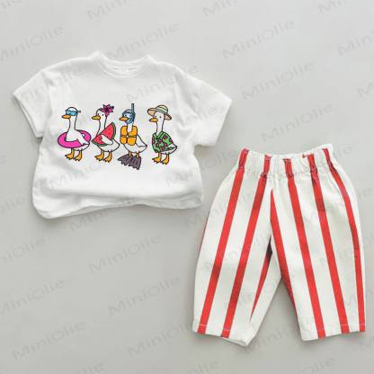 Baby Ducks Print Red Striped 2-piece Set - White&Red - 2-3T - image 1