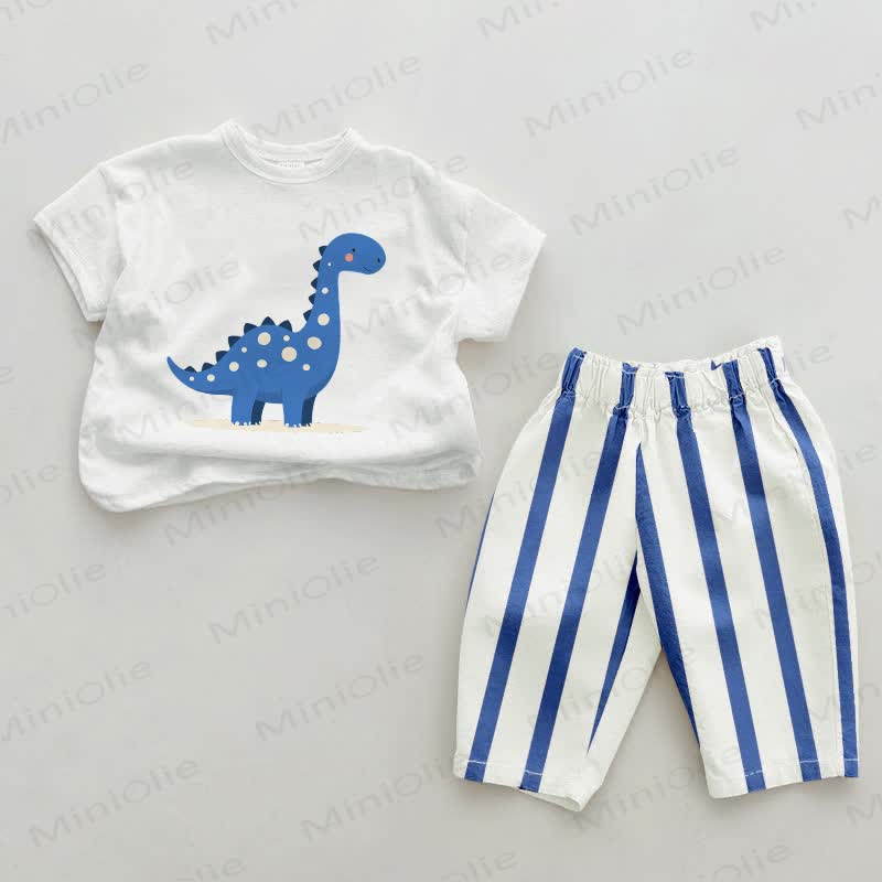 Baby Dino Blue Vertical Striped 2-piece Set - White&Blue - 2-3T - image 1
