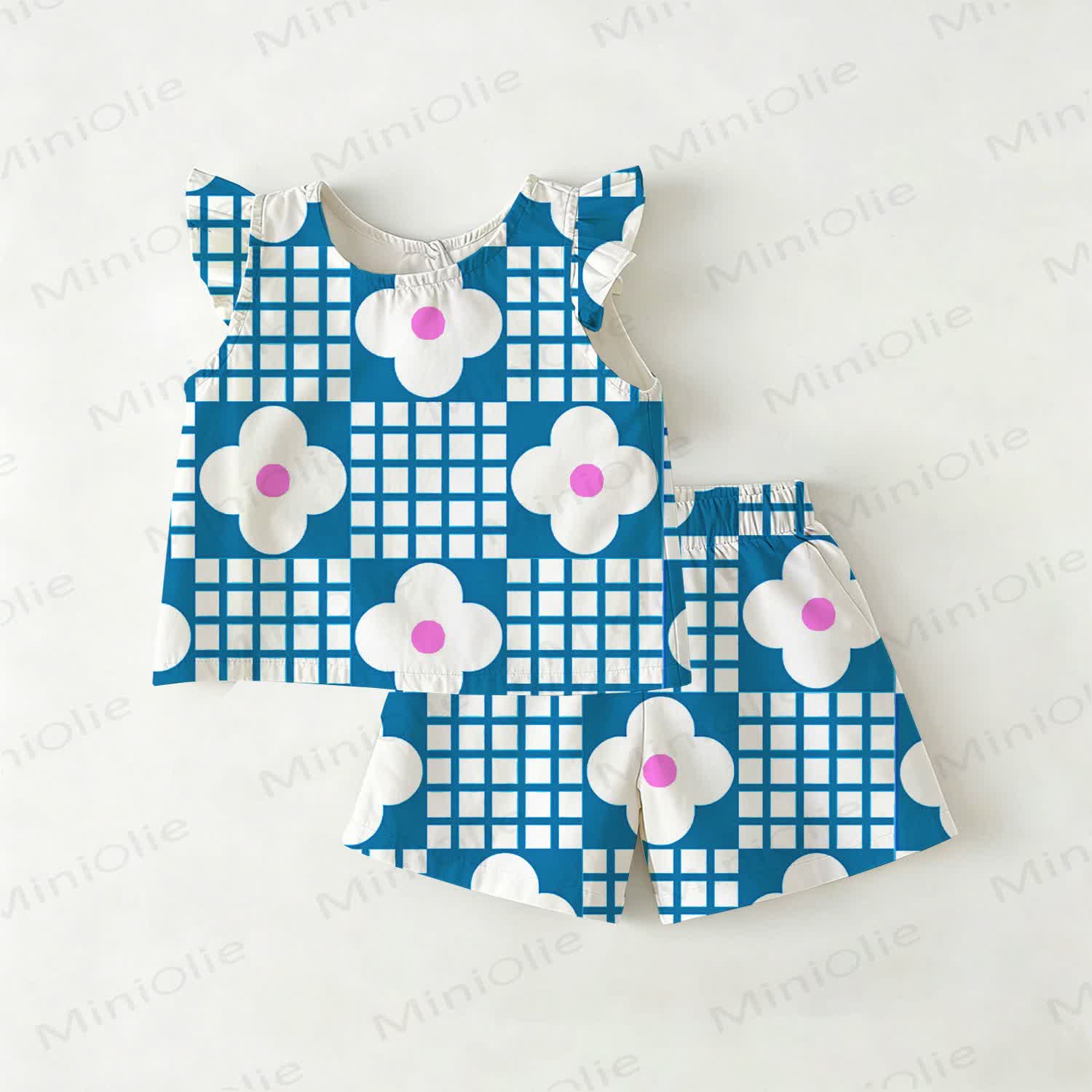 Baby Toddler Flower Blue Gingham Top and Shorts 2-piece Set - Blue - 3-4T - image 1