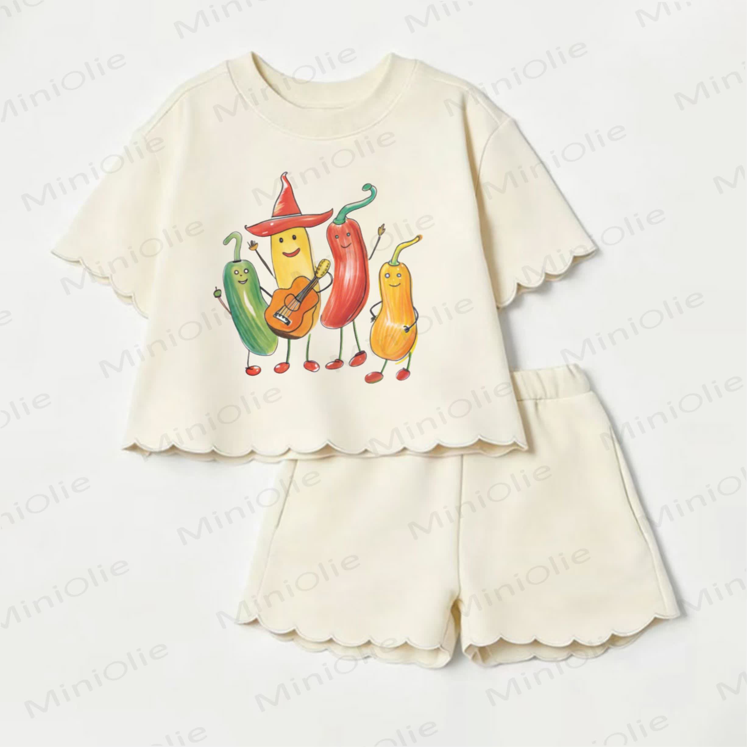 Baby Vegetable Print Scalloped Edge T-shirt and Shorts 2-Piece Set - Beige - 3-4T - image 1