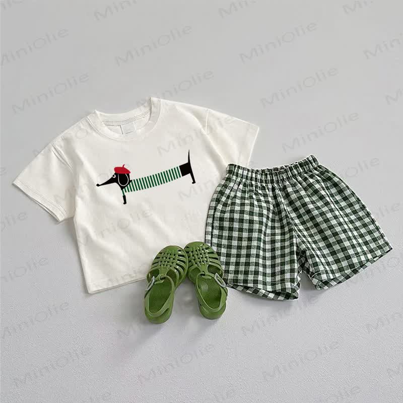 Baby Dachshund Tee and Plaid Shorts 2-Piece Set - White&Green - 3-5T - image 1