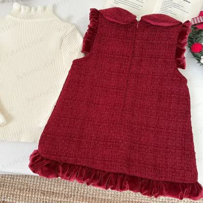 Toddler Solid Color Red Velvet Dress with Bow - image 3