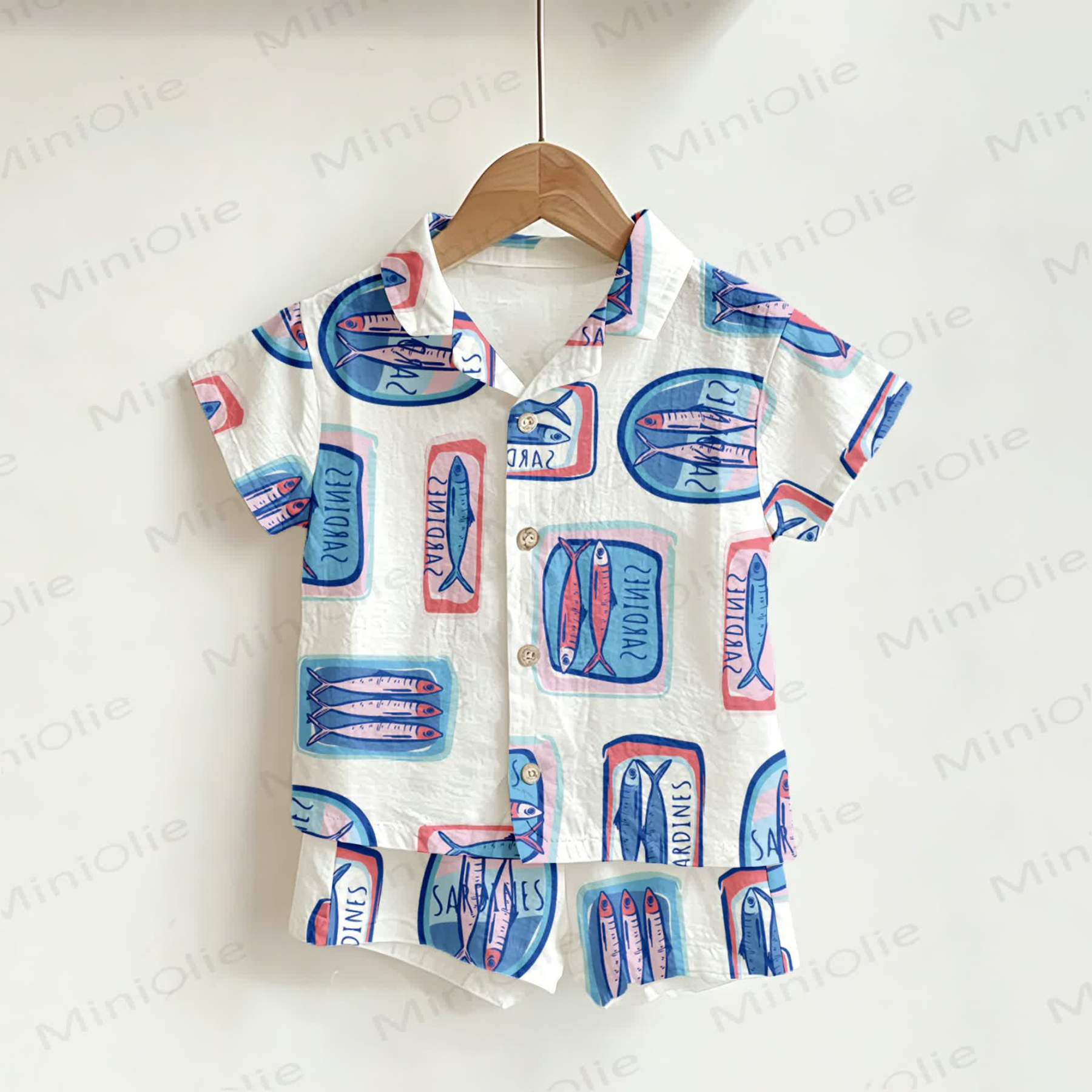 Baby Toddler White Canned Sardine Print Shirt and Shorts 2-piece Set - White - 3-5T - image 1