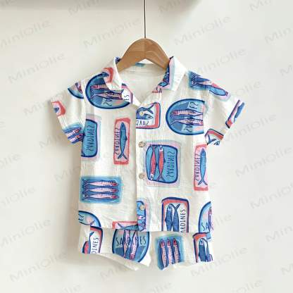 Baby Toddler White Canned Sardine Print Shirt and Shorts 2-piece Set - White - 3-5T - image 1