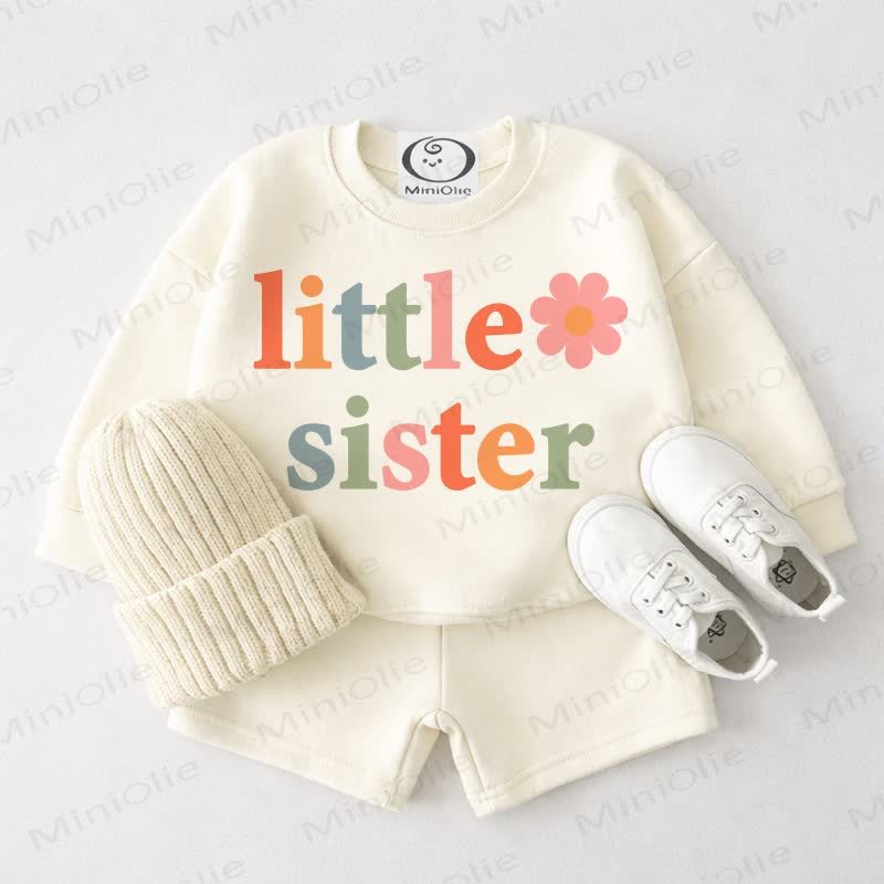 BIG/LITTLE SISTER Baby Cream White Sweatshirt and Shorts 2-piece Set - Little - 3-4T - image 2