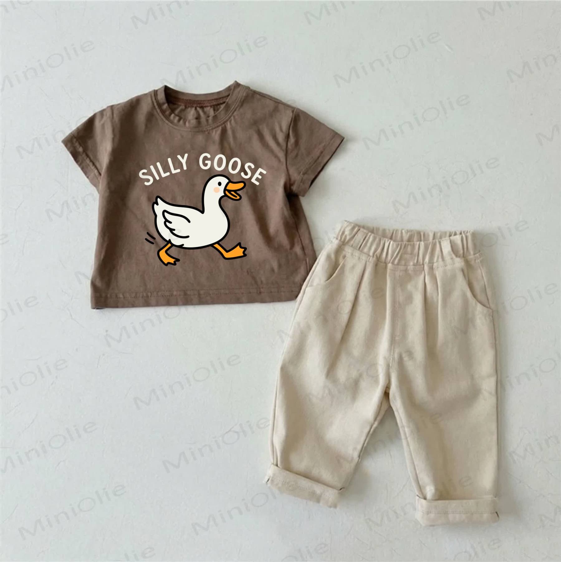 SILLY GOOSE Baby Brown Goose Print T-shirt and Beige Pants 2-Piece Set - Brown - 2-3T - image 1