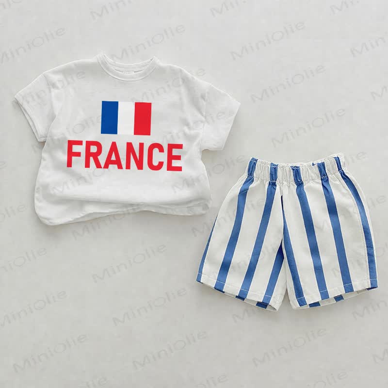 FRANCE Baby French Flag Print Blue Vertical Striped 2-piece Shorts Set - White&Blue - 2-3T - image 1