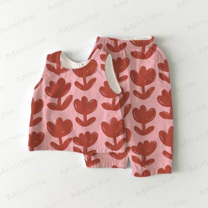 Baby Girls Red Tulip Print Sleeveless 2-piece Set - Red - 3-4T - image 1