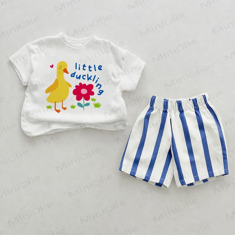 LITTLE DUCKLING Baby Flower Blue Vertical Striped 2-piece Shorts Set - White&Blue - 2-3T - image 1