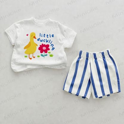 LITTLE DUCKLING Baby Flower Blue Vertical Striped 2-piece Shorts Set - White&Blue - 2-3T - image 1