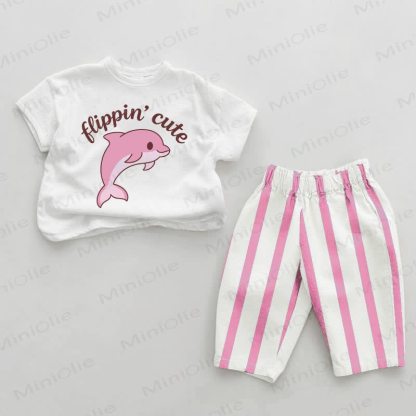 FLIPPIN' CUTE Baby Pink Dolphin Print Vertical Striped 2-piece Set - White&Pink - 2-3T - image 1