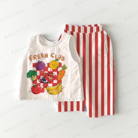 FRESH CLUB Toddler Vegetables and Fruits Red Vertical Striped 2-piece Sleeveless Set - White&Red - 5-7T - image 1