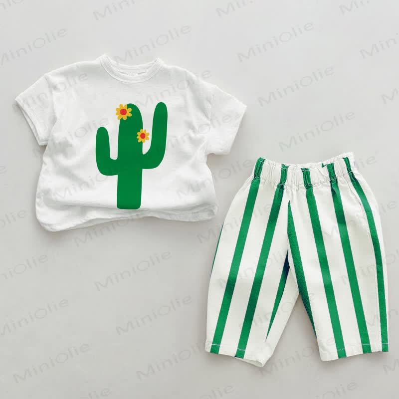 Baby Cactus Pattern Green Vertical Striped 2-piece Set - White&Green - 2-3T - image 1