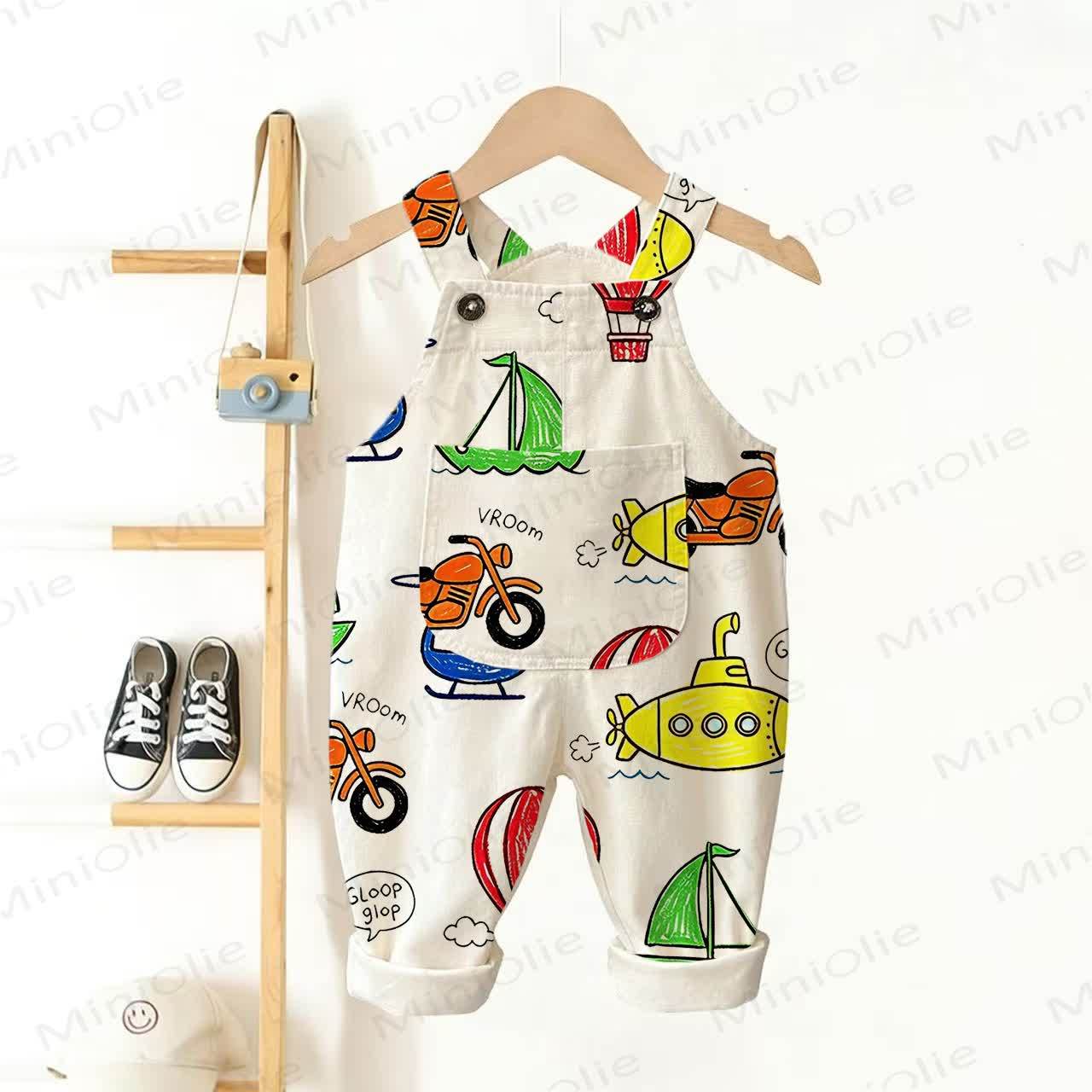 Baby Toddler Colorful Vehicles Beige Pocket Overalls - Beige - 3-5T - image 1