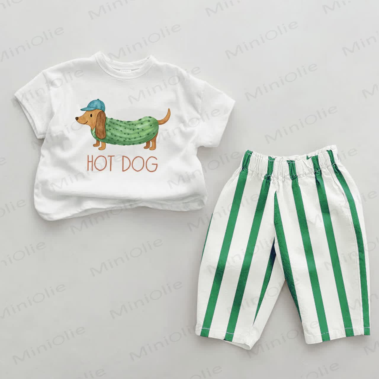 HOT DOG Baby Green Dachshund Print Striped 2-piece Set - Green&White - 2-3T - image 1