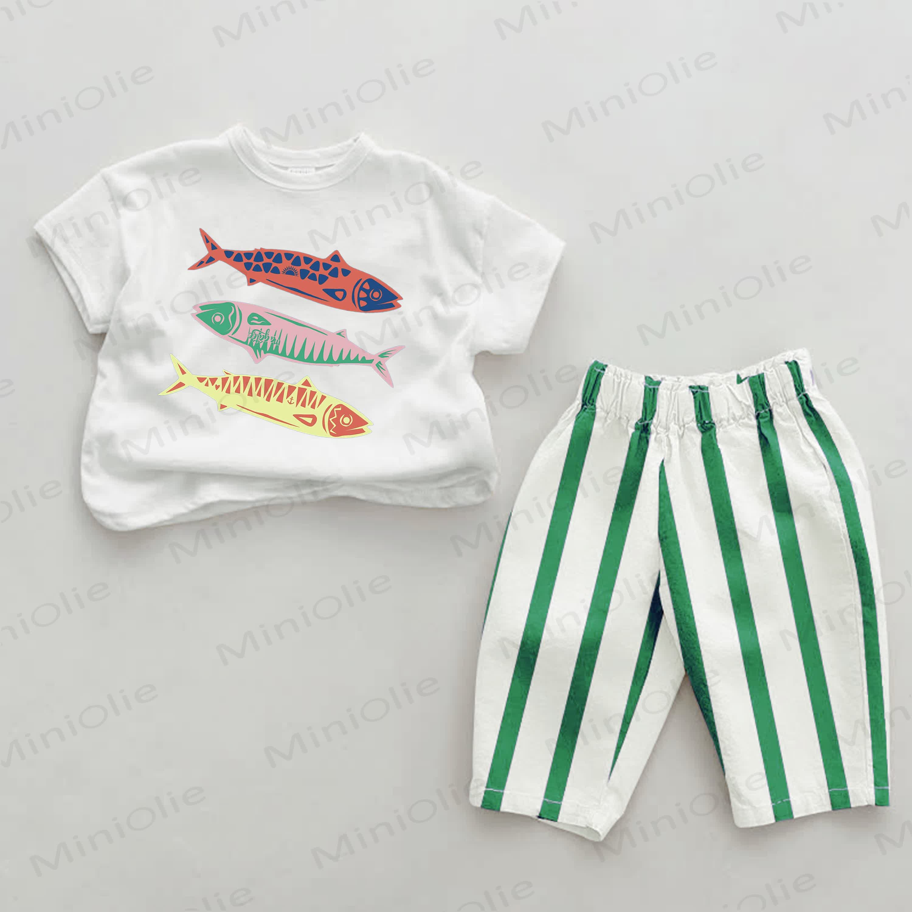 Baby Sardines Print Green Vertical Striped 2-piece Pants Set - White&Green - 2-3T - image 1