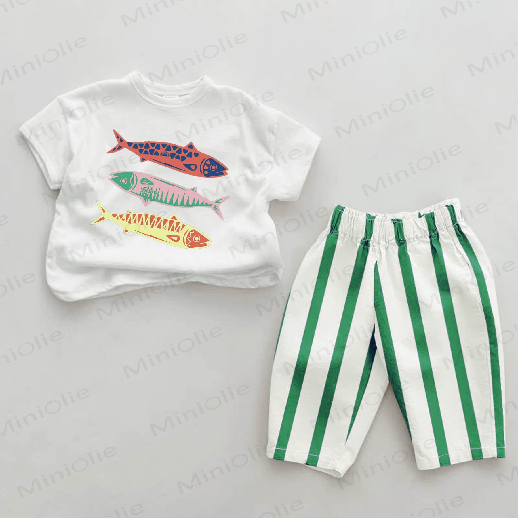 Baby Sardines Print Green Vertical Striped 2-piece Pants Set - White&Green - 2-3T - image 1