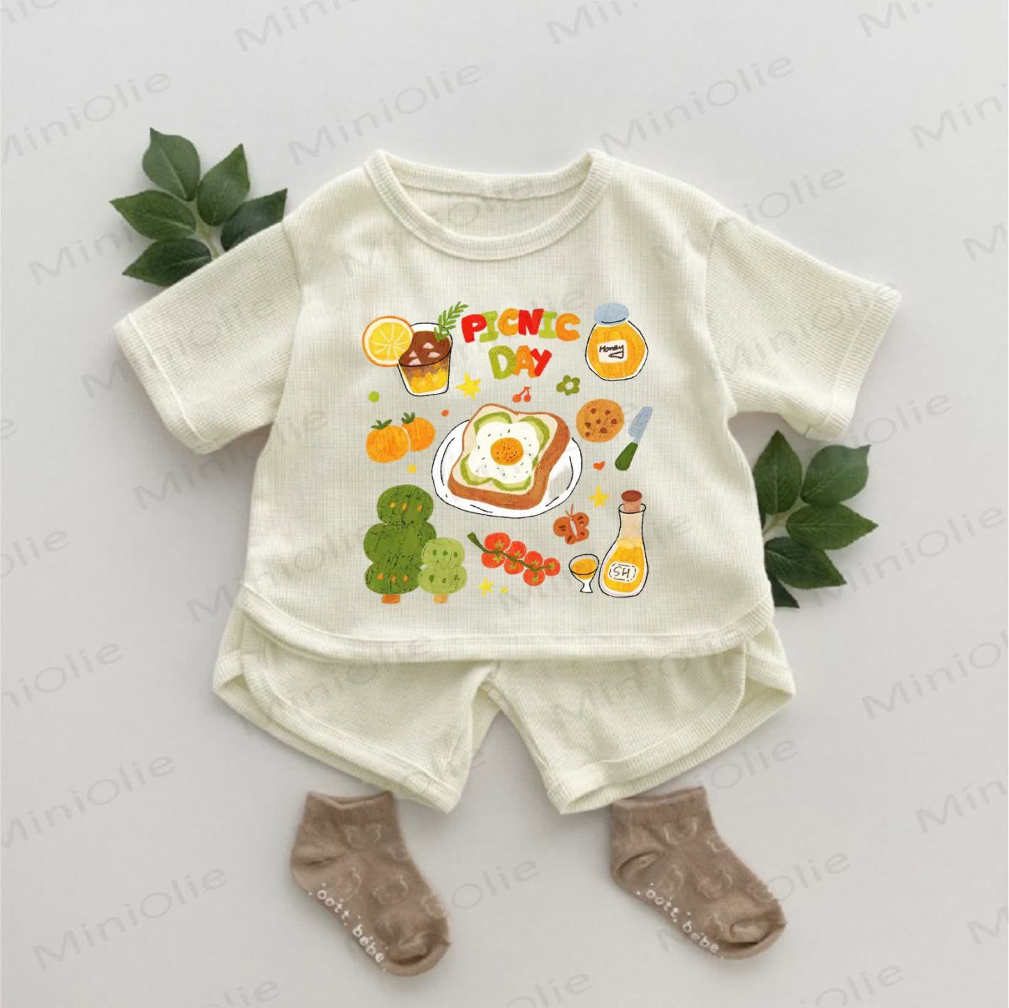 PICNIC DAY Baby Picnic Food Print Slogan Waffle 2-piece Set - Apricot - 2-3T - image 1