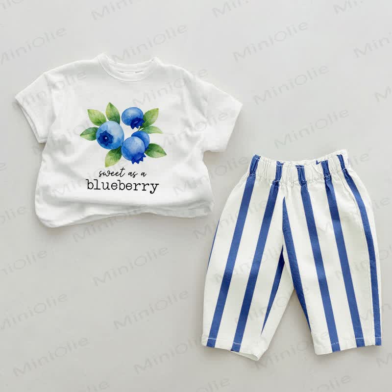SWEET AS A BLUEBERRY Baby Blue Blueberry Print Vertical Striped 2-piece Set - White&Blue - 2-3T - image 1