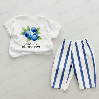 SWEET AS A BLUEBERRY Baby Blue Blueberry Print Vertical Striped 2-piece Set - White&Blue - 2-3T - image 1