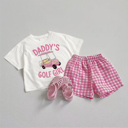 DADDY'S GOLF GIRL Baby Tee and Plaid Shorts 2-Piece Set - White&Pink - 3-5T - image 1