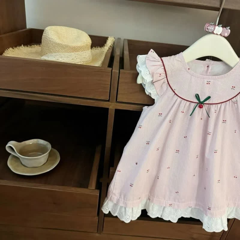 Toddler Girl Pink Striped Cherry Dress - image 3