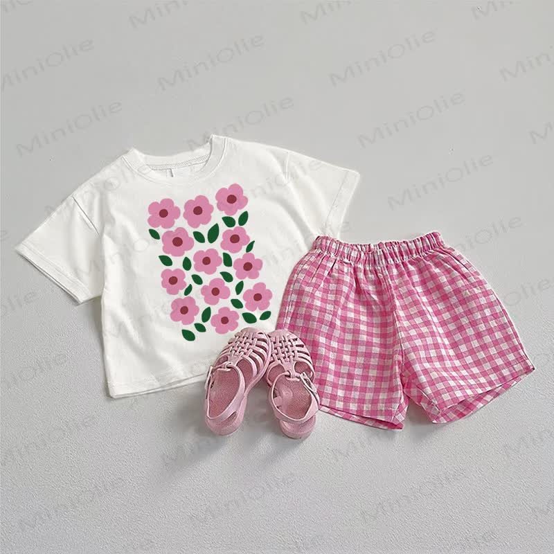 Baby Pink Flower Tee and Plaid Shorts 2-Piece Set - White&Pink - 3-5T - image 1