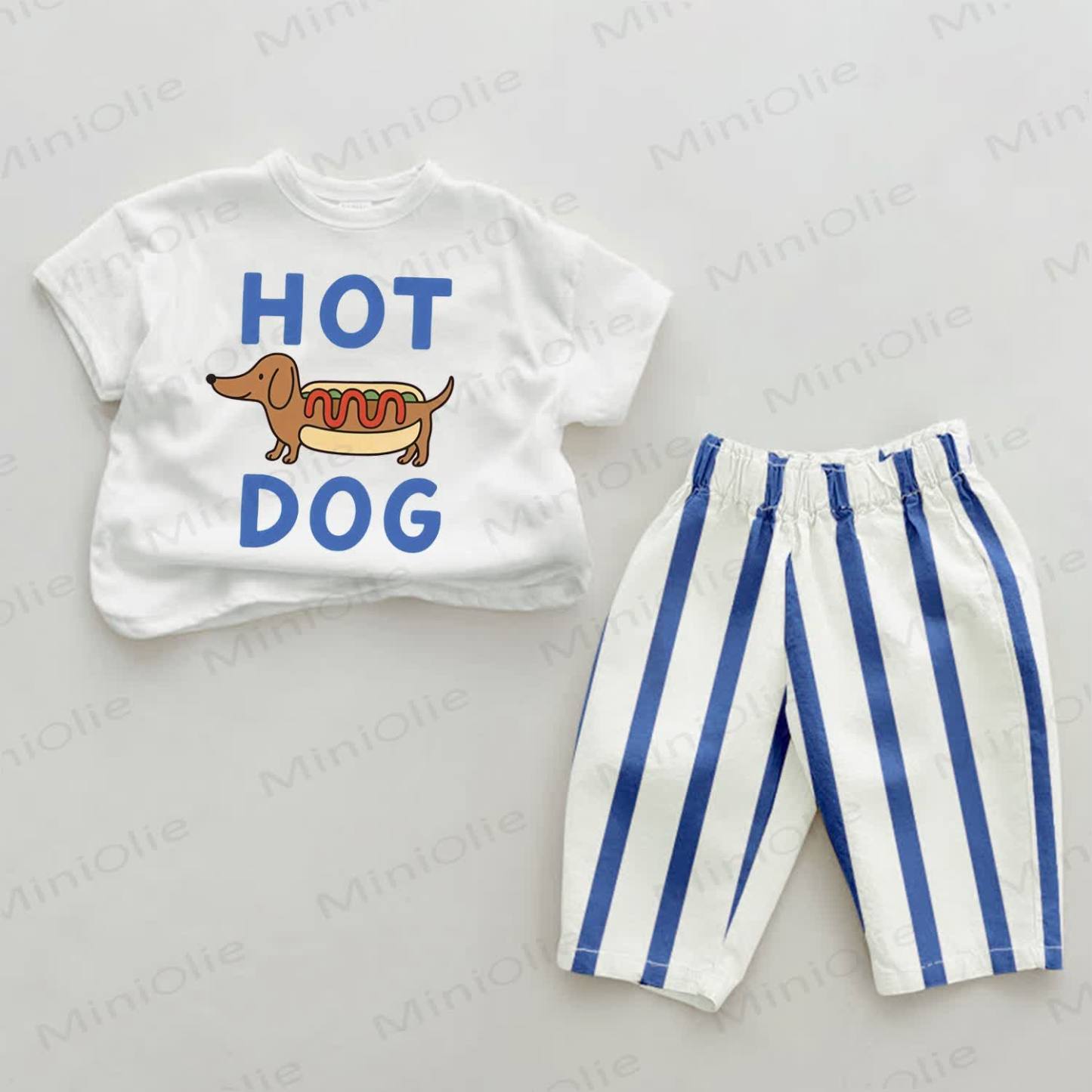 HOT DOG Baby Blue Hot Dog Print Vertical Striped 2-piece Set - White&Blue - 2-3T - image 1