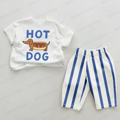 HOT DOG Baby Blue Hot Dog Print Vertical Striped 2-piece Set - White&Blue - 2-3T - image 1
