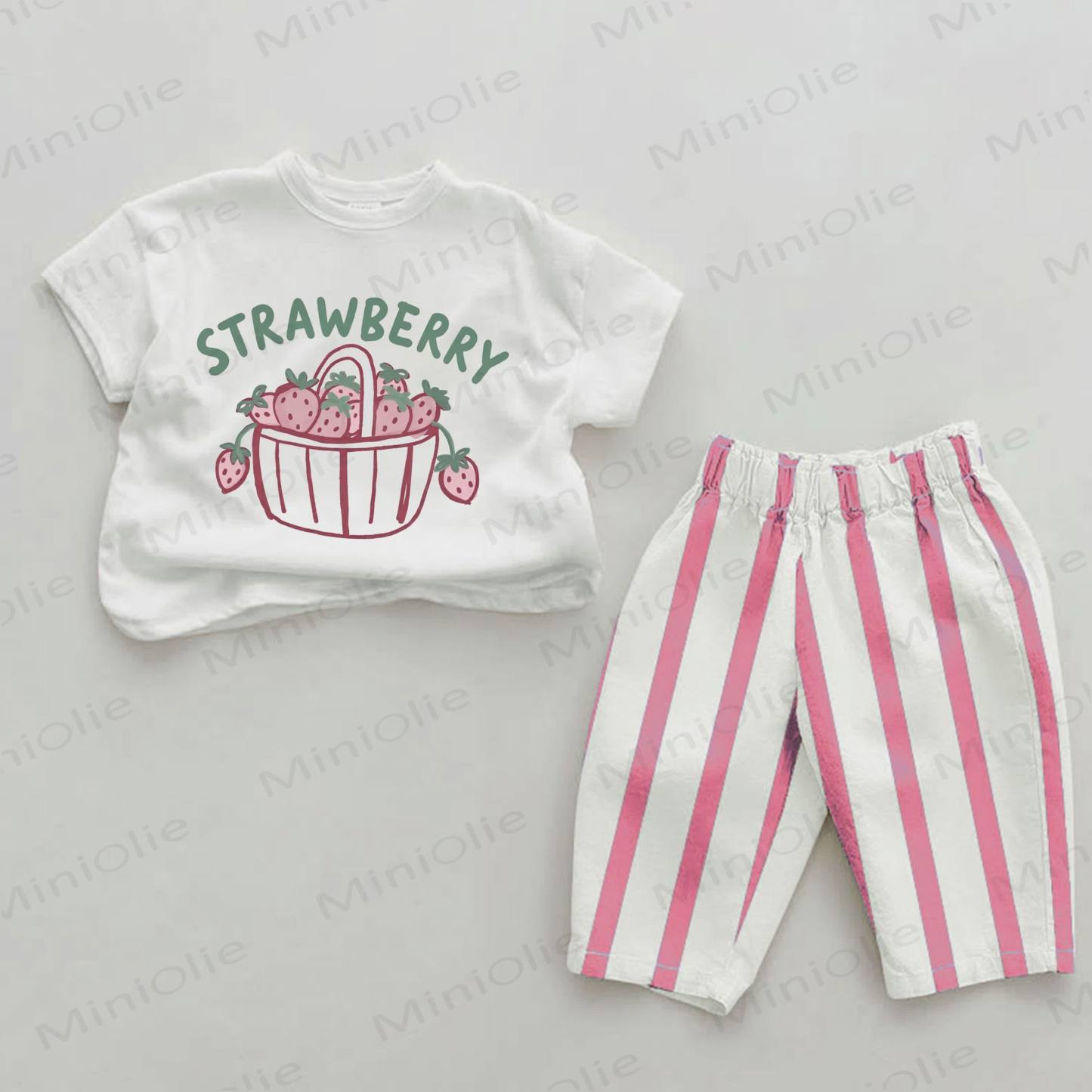 STRAWBERRY Baby Girls Strawberry Print Pink Vertical Striped 2-piece Set - White&Pink - 2-3T - image 1