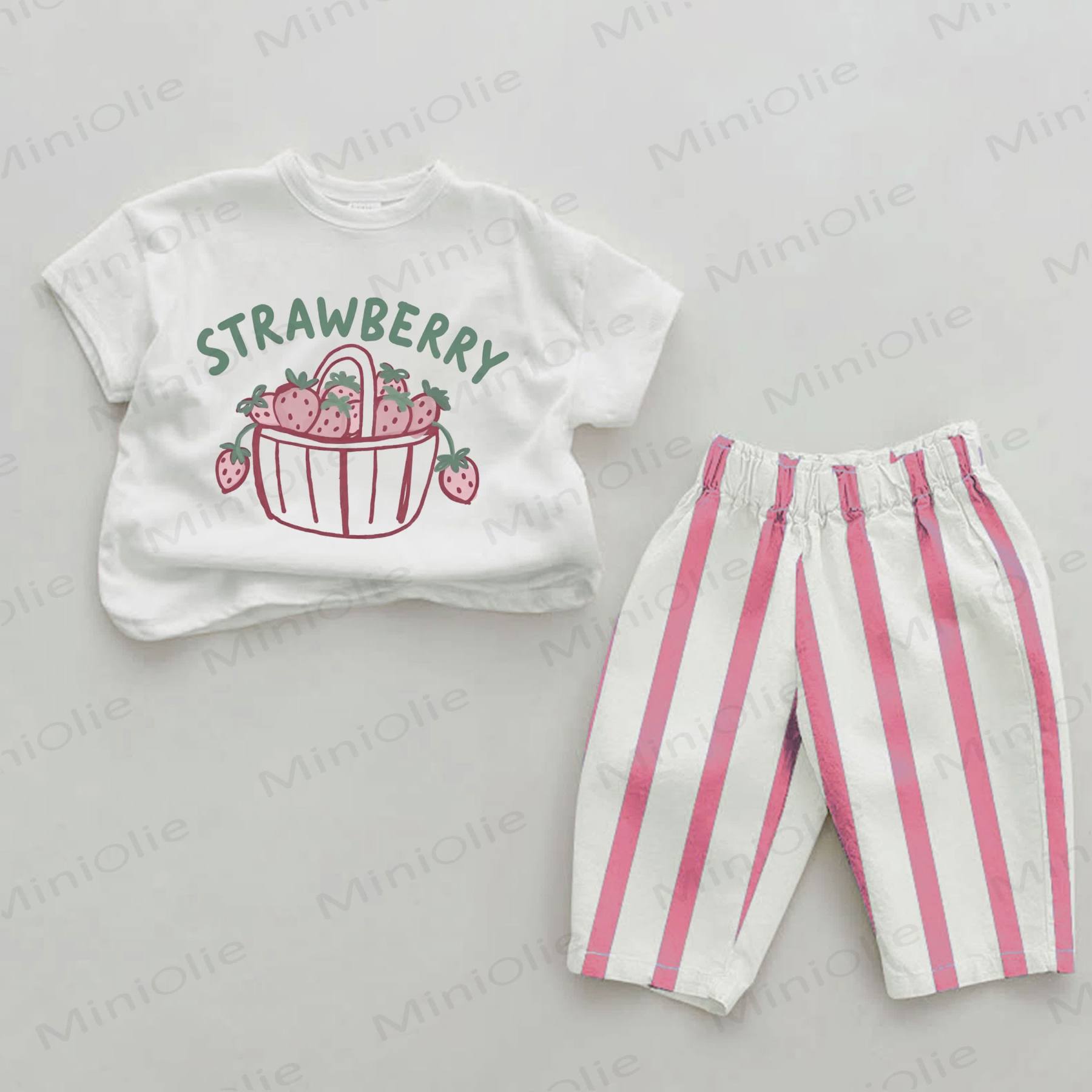 STRAWBERRY Baby Girls Strawberry Print Pink Vertical Striped 2-piece Set - White&Pink - 2-3T - image 1