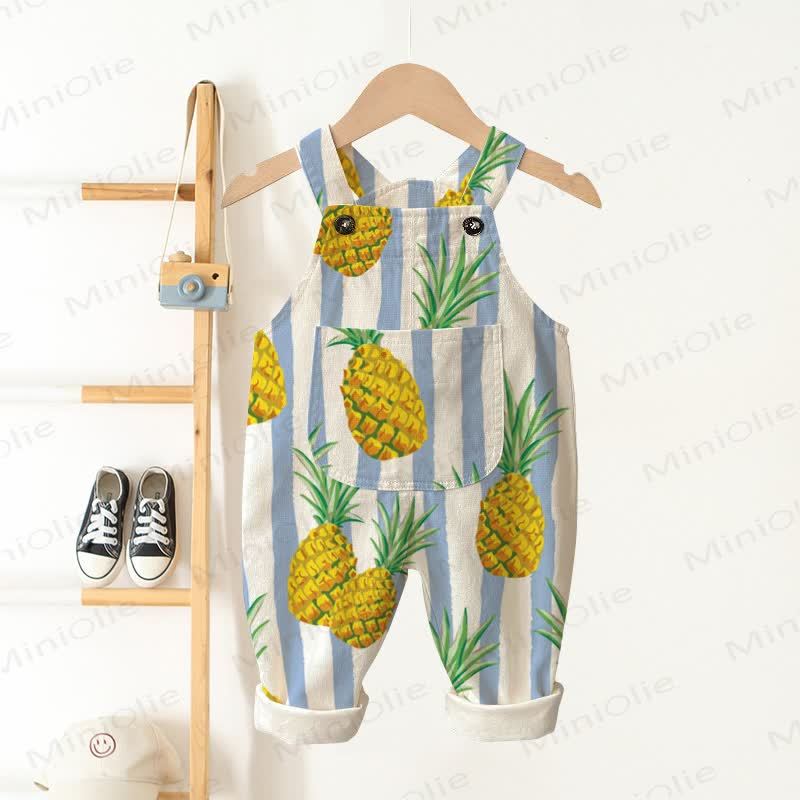 Baby Toddler Pineapple Blue Striped Beige Pocket Overalls - Beige - 3-5T - image 1