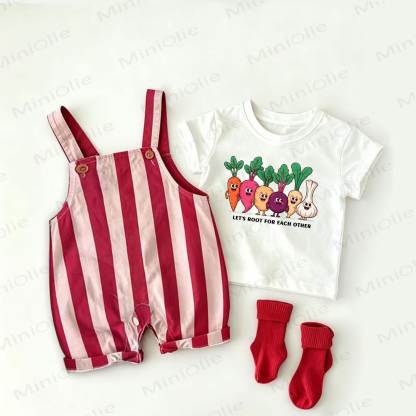 LET'S ROOT FOR EACH OTHER Baby Vegetable Print Red Stripe Overalls and White Tee 2-piece Set - White&Red - 2-3T - image 1