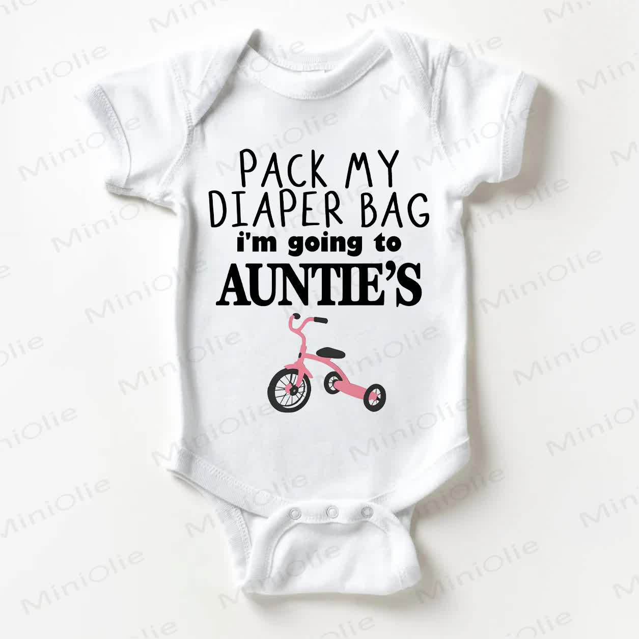 PACK MY DIAPER BAG I'M GOING TO AUNTIE'S Baby Tricycle Print White Bodysuit - White - 18-24M - image 1