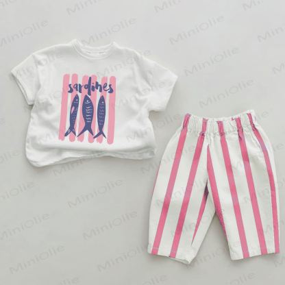SARDINES Baby Sardines Print Pink Vertical Striped 2-piece Set - White&Pink - 2-3T - image 1