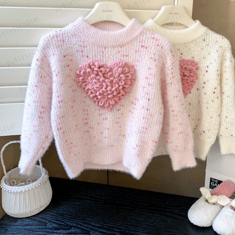 Kid Girl Pink Heart Knitted Pullover Sweater - image 1