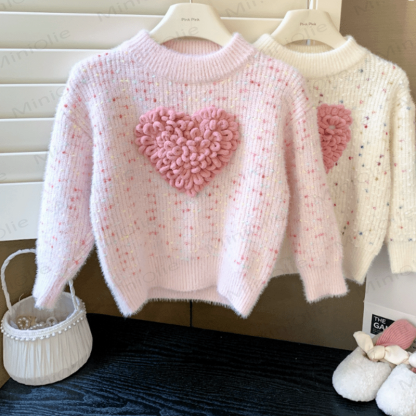 Kid Girl Pink Heart Knitted Pullover Sweater - image 1