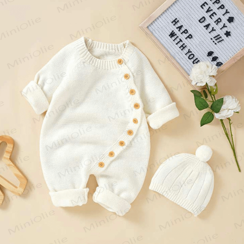 Baby Solid Color Knit Romper with Hat - Beige - 12-18M - image 10