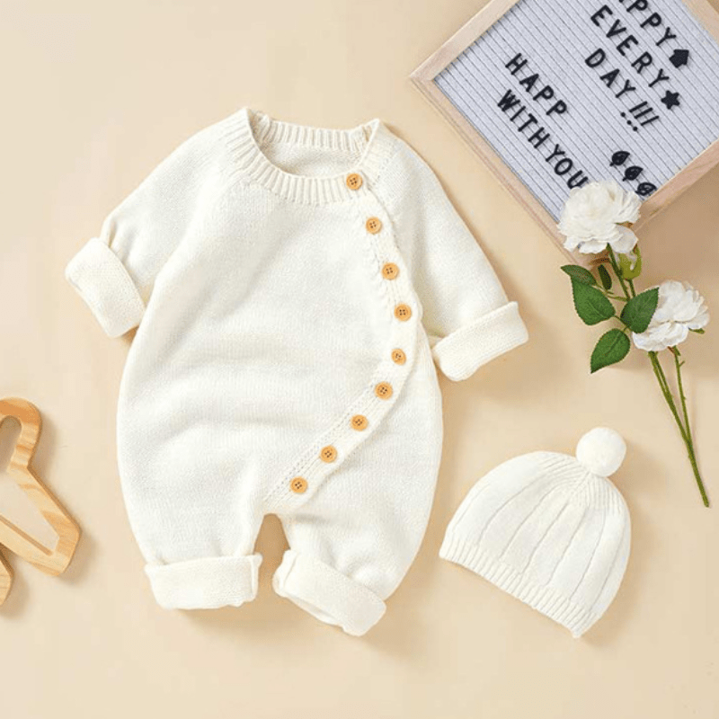 Baby Solid Color Knit Romper with Hat - Beige - 12-18M - image 10