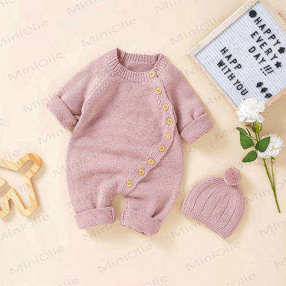 Baby Solid Color Knit Romper with Hat - Pink - 12-18M - image 5