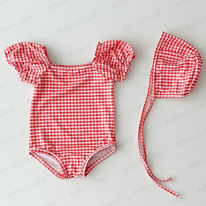 Baby Girl One-piece Swimsuit with Hat - Red - 2-3T - image 7