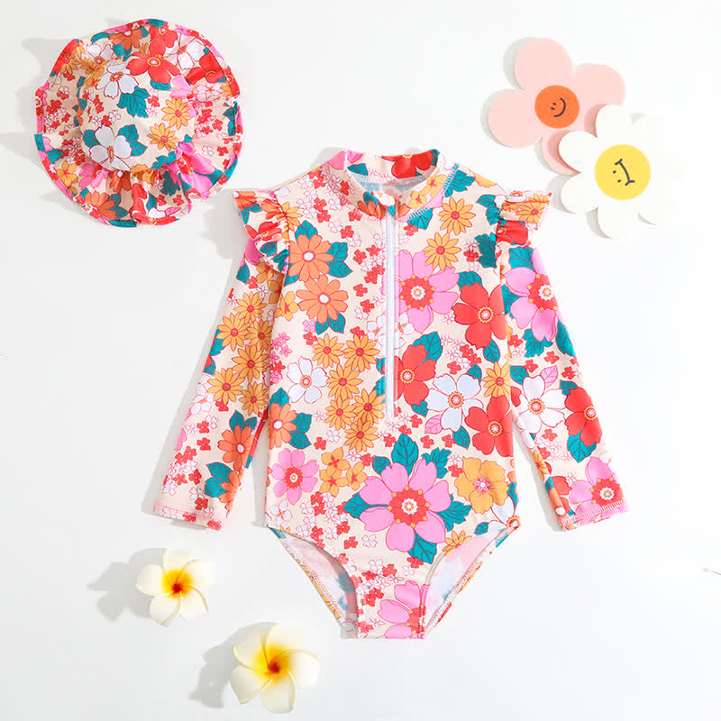 Baby Girl Floral One-piece Swimsuit with Hat - Beige - 2-3Y - image 6