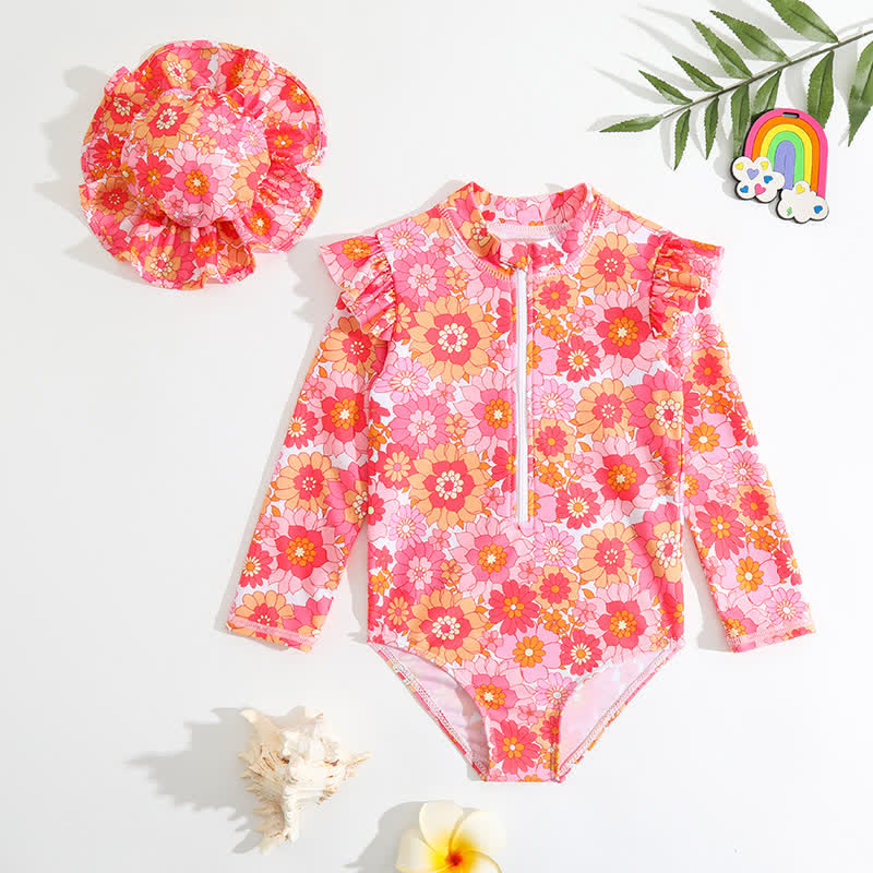 Baby Girl Floral One-piece Swimsuit with Hat - Pink - 2-3Y - image 1