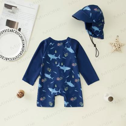 Baby Toddler Boy Dinosaur Shark Swimsuit with Hat - Dark Blue - 8Y - image 3