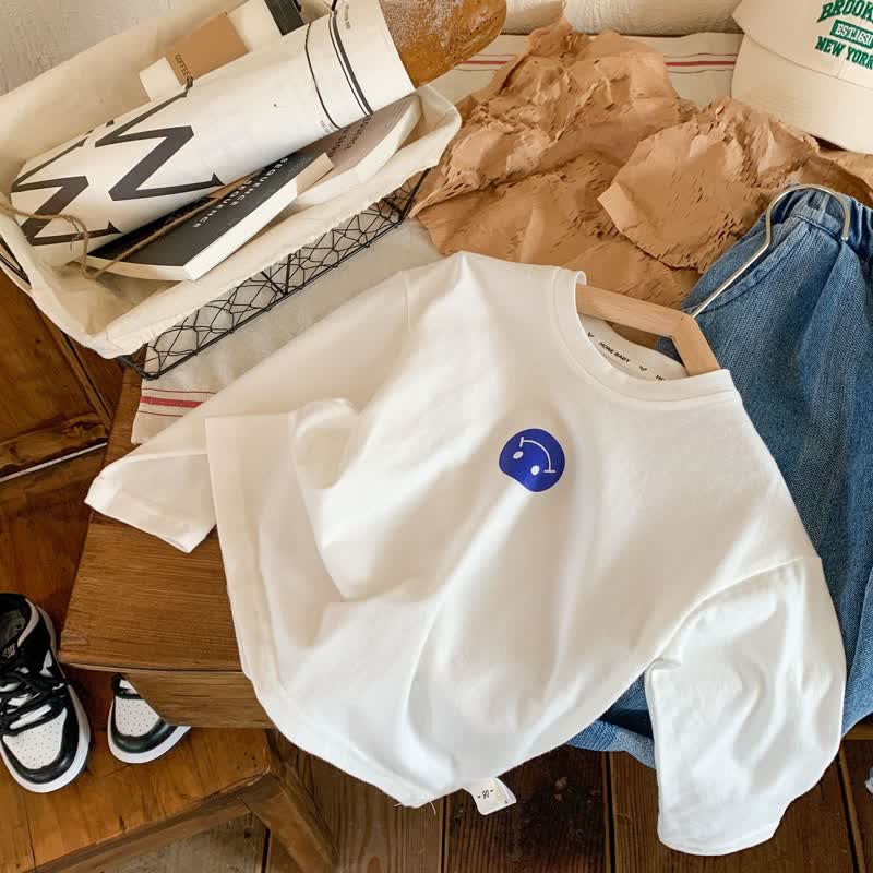 Kid Smile Face White Simple T-Shirt - Blue Smile Face - 12Y - image 7