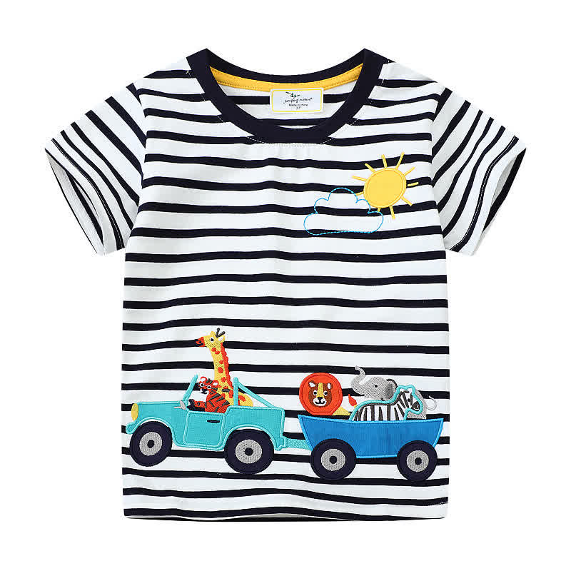 Kid Boy Embroidered Animal Stripe T-Shirt - Black - 10Y - image 1