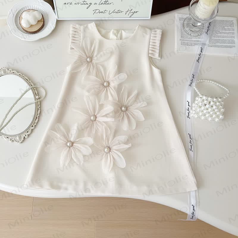 Toddler 3D Flower Sleeveless Graceful Dress - Beige - 10Y - image 1